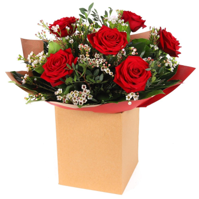 Six Roses of Romance - 6 standard red roses hand-tied or arranged in Oasis with choice filler and foliage with a novelty item presented in a gift box or bag. Six Roses of Romance - 6 standard red roses hand-tied or arranged in Oasis with choice filler and foliage with a novelty item presented in a gift box or bag.