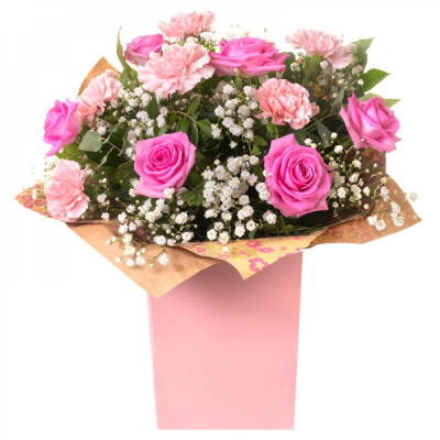 Roses & Ruffles - Pink Roses and Carnations make this gift timeless and classic
 Roses & Ruffles - Pink Roses and Carnations make this gift timeless and classic