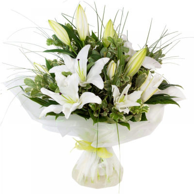 Forever Yours - Show your affection with this fabulous hand-tied  featuring white oriental lilies and foliage.
 Forever Yours - Show your affection with this fabulous hand-tied  featuring white oriental lilies and foliage.