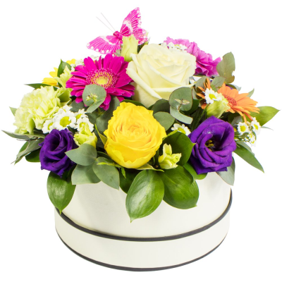 Simply The Best - A beautiful hat-box filled with a vibrant collection of flowers and foliage.  Simply The Best - A beautiful hat-box filled with a vibrant collection of flowers and foliage.