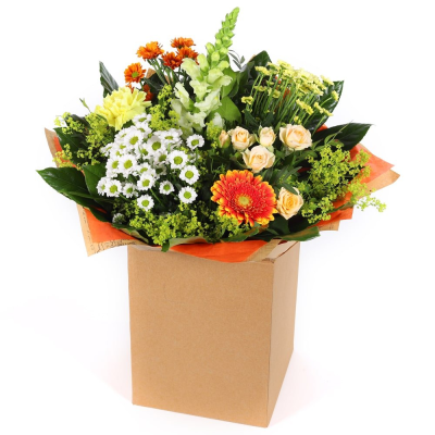Citrus Sunrise - Capture the essence of a golden meadow with this stunning bouquet of yellow, white, and orange flowers. Presented in a stylish packaging it's perfect for adding natural beauty to any space Citrus Sunrise - Capture the essence of a golden meadow with this stunning bouquet of yellow, white, and orange flowers. Presented in a stylish packaging it's perfect for adding natural beauty to any space