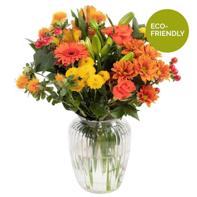 Orange Sky - A beautiful Autumn inspired vase of vibrant flowers made to impress.  Orange Sky - A beautiful Autumn inspired vase of vibrant flowers made to impress.