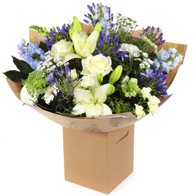 Oceanic Bliss - Revel in the elegance of this luxurious bouquet, featuring a captivating mix of white and blue blooms. Presented in beautiful packaging, it’s perfect for making a sophisticated statement. Oceanic Bliss - Revel in the elegance of this luxurious bouquet, featuring a captivating mix of white and blue blooms. Presented in beautiful packaging, it’s perfect for making a sophisticated statement.