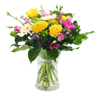 The Happy Vase - Happy Vase floral arrangement, made up of bright blooms and leaves.  The Happy Vase - Happy Vase floral arrangement, made up of bright blooms and leaves.