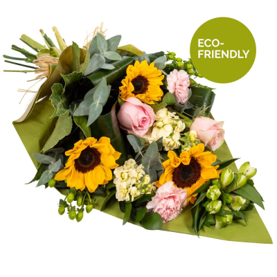 Day Break - Brighten the dullest of days with this glorious array of flowers. Amazing sunflowers with a complement of selected blooms... Bright and stunning swathed in a wrap friendly and natural.  Day Break - Brighten the dullest of days with this glorious array of flowers. Amazing sunflowers with a complement of selected blooms... Bright and stunning swathed in a wrap friendly and natural.