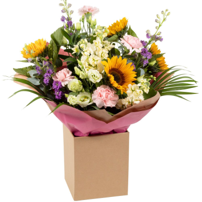Bright Ideas - Beautiful Sunflowers and a peppering of other summer flowers and foliage. Tied in water and presented in a stylish bag. An amazing bouquet full of joy and delight ready to display and enjoy.     Bright Ideas - Beautiful Sunflowers and a peppering of other summer flowers and foliage. Tied in water and presented in a stylish bag. An amazing bouquet full of joy and delight ready to display and enjoy.