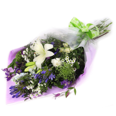 Moonlit Whisper - Beautiful hues of lavender will make up this beautiful bouquet, showcasing a blend of white and purple blooms. Perfectly wrapped and finished with a ribbon. Moonlit Whisper - Beautiful hues of lavender will make up this beautiful bouquet, showcasing a blend of white and purple blooms. Perfectly wrapped and finished with a ribbon.