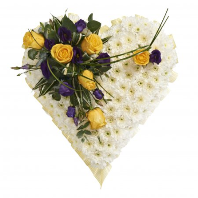 Heart SYM-324 - A white massed heart with yellow and purple spray, designed with love by our floristry team using the freshest flowers available.
 Heart SYM-324 - A white massed heart with yellow and purple spray, designed with love by our floristry team using the freshest flowers available.