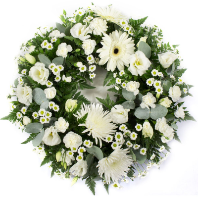 Classic Wreath in White -SYM-321 - This classic wreath made with mixed white and cream flowers is suitable for a lady or a gentleman. This type of funeral arrangement needs at least one working days’ notice for delivery. Same day delivery is not possible.
 Classic Wreath in White -SYM-321 - This classic wreath made with mixed white and cream flowers is suitable for a lady or a gentleman. This type of funeral arrangement needs at least one working days’ notice for delivery. Same day delivery is not possible.