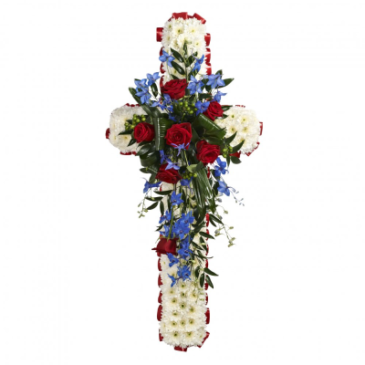 Cross SYM-329 - This classic 120cm cross is made using massed white flowers, complemented with a red and blue spray.
 Cross SYM-329 - This classic 120cm cross is made using massed white flowers, complemented with a red and blue spray.