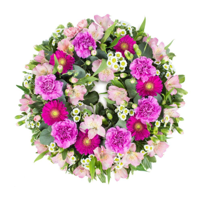 Wreath SYM-320 - A classic wreath in shades of pink finished with fine foliage.
 Wreath SYM-320 - A classic wreath in shades of pink finished with fine foliage.