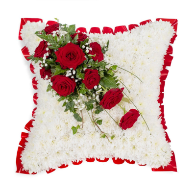 Pillow SYM-333 - Pillows are chosen to signify a final, comfortable resting place and this design with red rose spray is the ideal final tribute.
 Pillow SYM-333 - Pillows are chosen to signify a final, comfortable resting place and this design with red rose spray is the ideal final tribute.