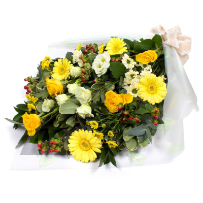 Sympathy Flowers SYM-334 - A selection of yellow, cream and white flowers with contrasting foliage in cellophane.
 Sympathy Flowers SYM-334 - A selection of yellow, cream and white flowers with contrasting foliage in cellophane.
