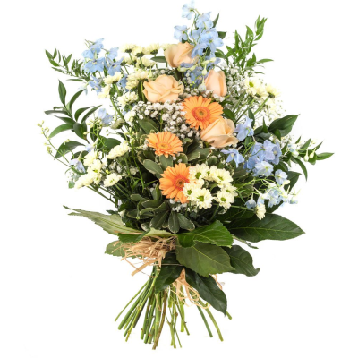 Tied Sheaf SYM-337 - This country style tied sheaf made using peach and blue flowers is an enduringly popular tribute. 
 Tied Sheaf SYM-337 - This country style tied sheaf made using peach and blue flowers is an enduringly popular tribute.