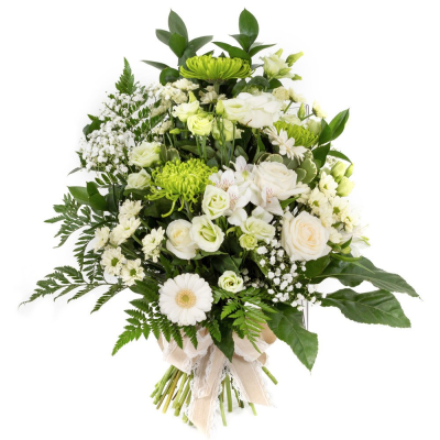 Tied Sheaf SYM-338 - This beautiful, tied sheaf is made using white and green flowers for the ideal tribute. 
 Tied Sheaf SYM-338 - This beautiful, tied sheaf is made using white and green flowers for the ideal tribute.