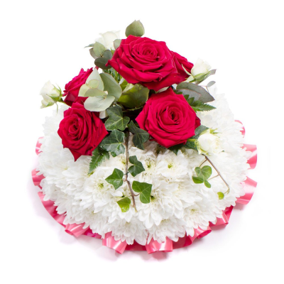 Posy SYM-344 - A delightful funeral posy featuring a white massed base and a red rose spray, handmade by our in-house florists using market fresh flowers.
 Posy SYM-344 - A delightful funeral posy featuring a white massed base and a red rose spray, handmade by our in-house florists using market fresh flowers.