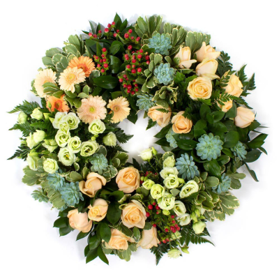 Eco Wreath SYM-354 - This open style wreath is designed on a biodegradable eco base. Made to order by our skilled florists, let us know what colour combination you would prefer, and we’ll select the best available flowers.
 Eco Wreath SYM-354 - This open style wreath is designed on a biodegradable eco base. Made to order by our skilled florists, let us know what colour combination you would prefer, and we’ll select the best available flowers.